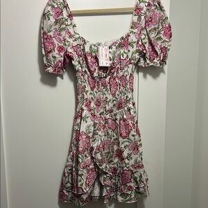 Pink and Green Puff Sleeve Mini Dress NWT